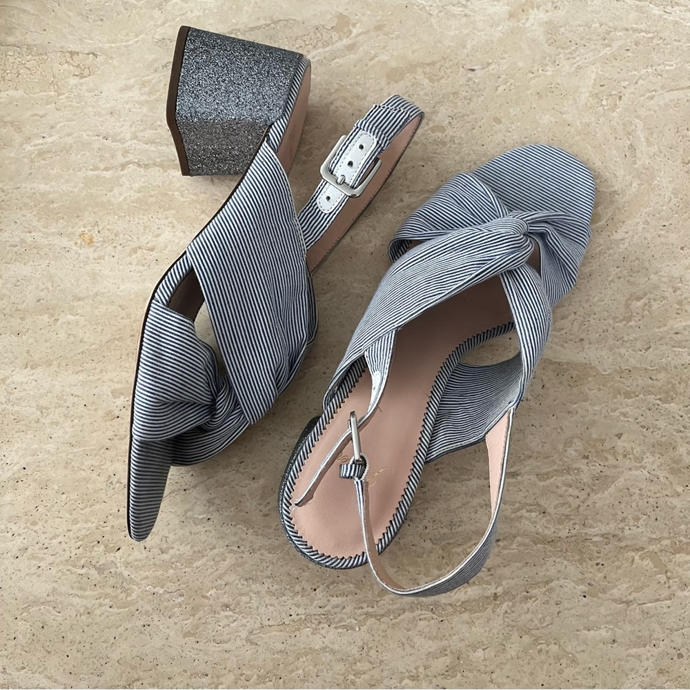 J.Crew Seersucker Stripe Slingback Sandals with Glitter Heel Size 9